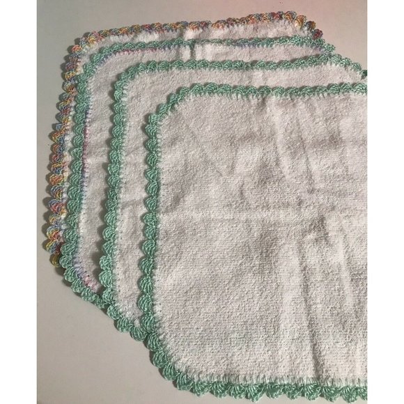 Set Of 4 Handmade White Towels With Aqua Crochet Edge. 11x11 Inches. - Picture 4 of 8